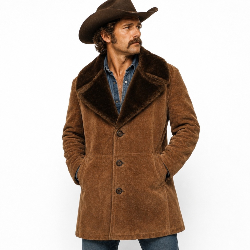 Vintage 70s Lakeland Suede Fleece Lined Coat 46 Brown Western Rancher Cowboy USA